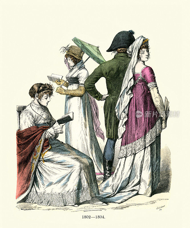 19世纪早期的欧洲时装，1802 - 1804，男人，女人，衣服，披肩，历史